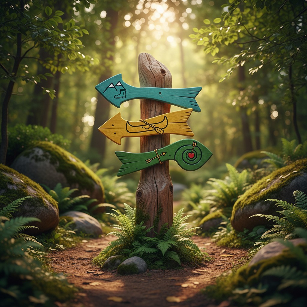 A vibrant forest scene features three wooden fish-shaped signs pointing in different directions, each boasting unique desi...